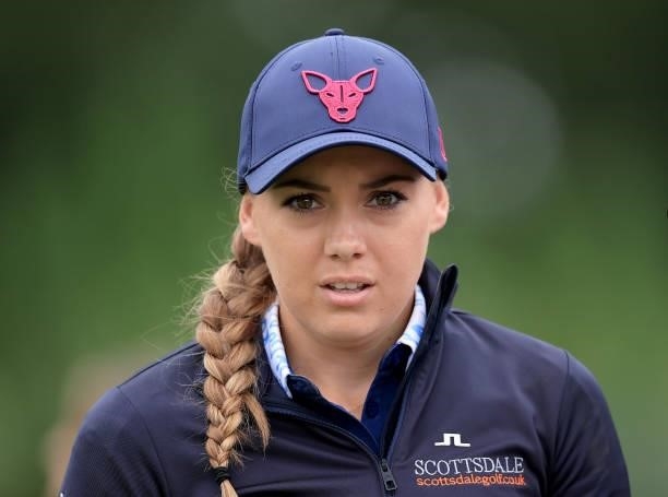Gemma Clews of England waits to play her tee shot on the first hole during the Rose Ladies Series Final at Bearwood Lakes Golf Club on September 25,...