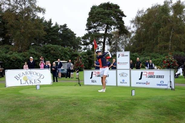 Gemma Clews of England plays her tee shot on the first hole during the Rose Ladies Series Final at Bearwood Lakes Golf Club on September 25, 2021 in...