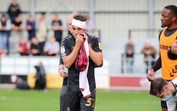 Danny Rose of Northampton Town prepares to enter the pitch after treatment during the Sky Bet League Two match between Salford City and Northampton...