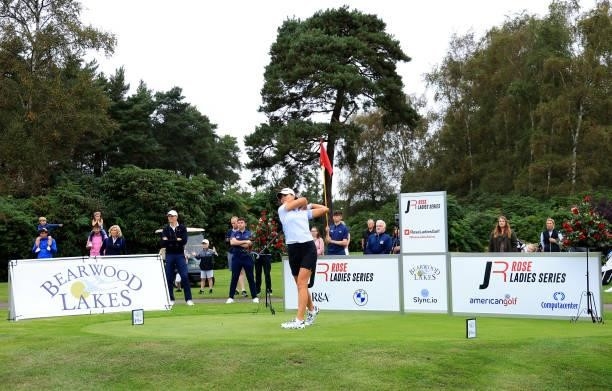 Annabel Dimmock of England plays her tee shot on the first hole during the Rose Ladies Series Final at Bearwood Lakes Golf Club on September 25, 2021...