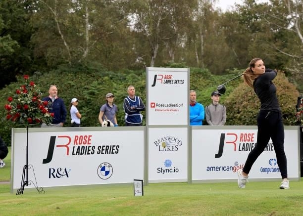 Rachel Drummond of England plays her tee shot on the first hole during the Rose Ladies Series Final at Bearwood Lakes Golf Club on September 25, 2021...