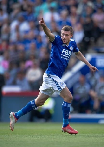 Jamie Vardy of Leicester City during the Premier League match between Leicester City and Burnley at The King Power Stadium on September 25, 2021 in...
