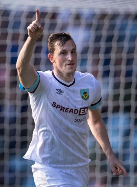 Chris Wood of Burnley celebrates scoring the third goal that was disallowed following a VAR review during the Premier League match between Leicester...