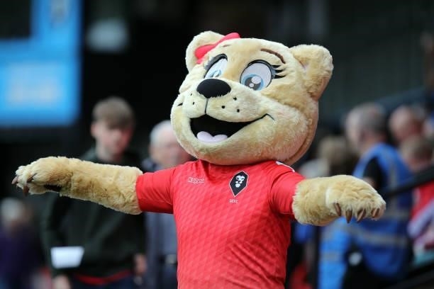 Babs the Salford City mascot is seen prior to the Sky Bet League Two match between Salford City and Northampton Town at Peninsula Stadium on...
