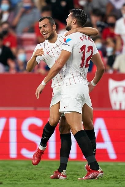 Rafa Mir of Sevilla FC celebrates after scoring his team's second goal during the La Liga Santander match between Sevilla FC and RCD Espanyol at...