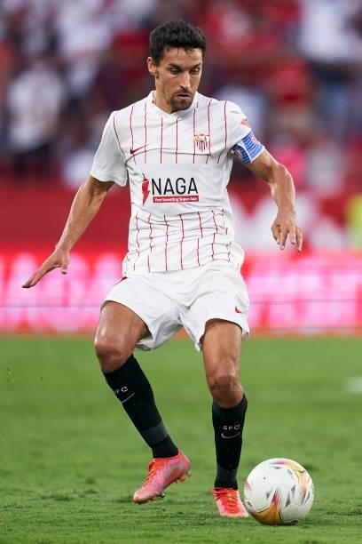 Jesus Navas of Sevilla FC runs with the ball during the La Liga Santander match between Sevilla FC and RCD Espanyol at Estadio Ramon Sanchez Pizjuan...