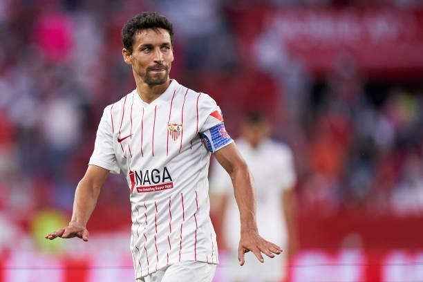 Jesus Navas of Sevilla FC reacts during the La Liga Santander match between Sevilla FC and RCD Espanyol at Estadio Ramon Sanchez Pizjuan on September...