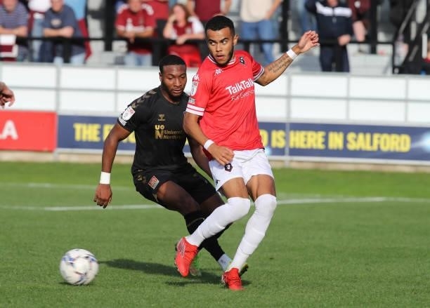 Tyreik Wright of Salford City in actionduring the Sky Bet League Two match between Salford City and Northampton Town at Peninsula Stadium on...