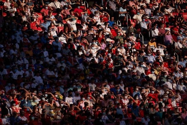 Fans of Sevilla FC during the La Liga Santander match between Sevilla FC and RCD Espanyol at Estadio Ramon Sanchez Pizjuan on September 25, 2021 in...