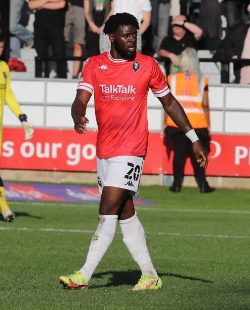 Aramide Oteh of Salford City in action during the Sky Bet League Two match between Salford City and Northampton Town at Peninsula Stadium on...