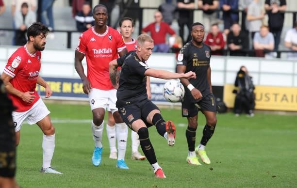 Mitch Pinnock of Northampton Town clears the ball during the Sky Bet League Two match between Salford City and Northampton Town at Peninsula Stadium...