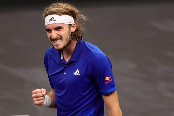 Stefanos Tsitsipas of Team Europe celebrates match point against Nick Kyrgios of Team World during the fifth match during Day 2 of the 2021 Laver Cup...