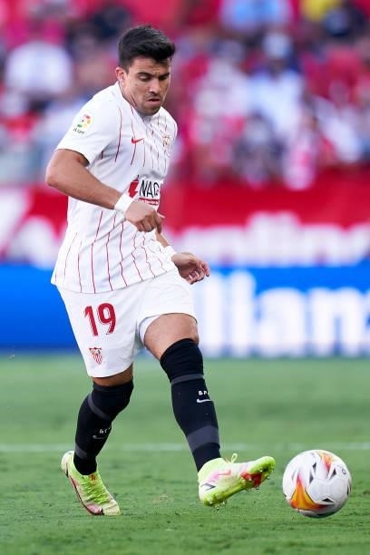 Marcos Acuna of Sevilla FC passes the ball during the La Liga Santander match between Sevilla FC and RCD Espanyol at Estadio Ramon Sanchez Pizjuan on...