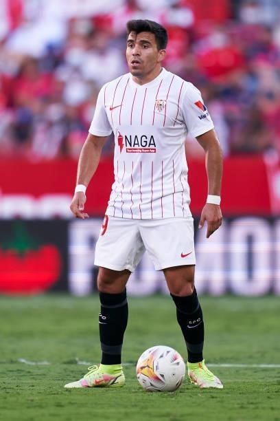 Marcos Acuna of Sevilla FC in action during the La Liga Santander match between Sevilla FC and RCD Espanyol at Estadio Ramon Sanchez Pizjuan on...
