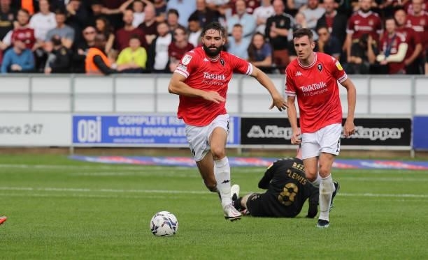 Jordan Turnbull of Salford City in action during the Sky Bet League Two match between Salford City and Northampton Town at Peninsula Stadium on...