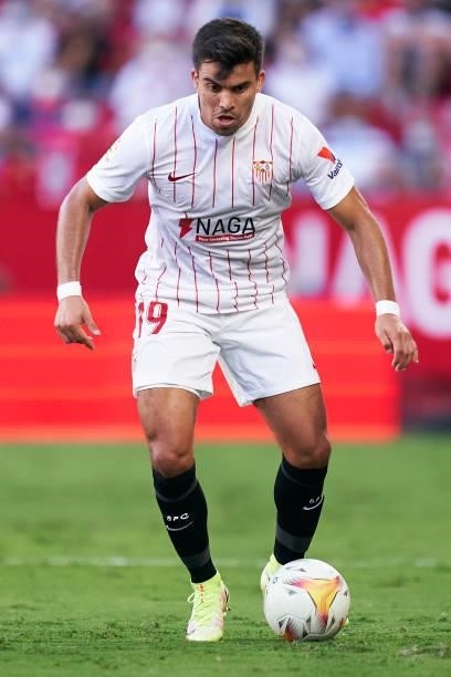 Marcos Acuna of Sevilla FC runs with the ball during the La Liga Santander match between Sevilla FC and RCD Espanyol at Estadio Ramon Sanchez Pizjuan...