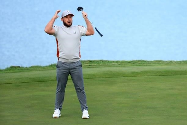 Tyrrell Hatton of England and team Europe reacts to his putt on the 17th green during Saturday Afternoon Fourball Matches of the 43rd Ryder Cup at...