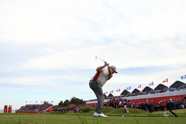 Shane Lowry of Ireland and team Europe plays his shot from the 17th tee during Saturday Afternoon Fourball Matches of the 43rd Ryder Cup at Whistling...