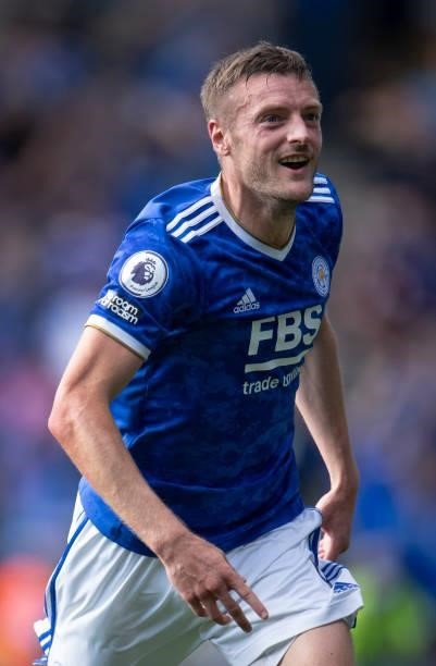 Jamie Vardy of Leicester City celebrates scoring his first goal during the Premier League match between Leicester City and Burnley at The King Power...