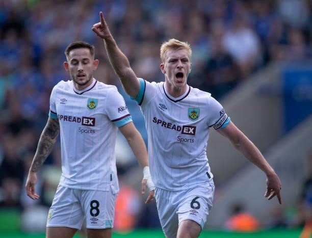 Ben Mee and Josh Brownhill of Burnley during the Premier League match between Leicester City and Burnley at The King Power Stadium on September 25,...