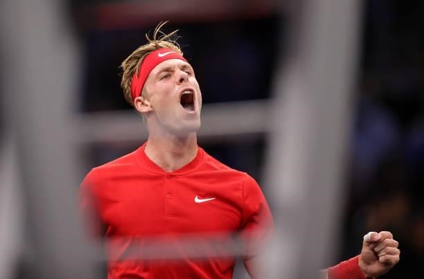 Denis Shapovalov of Team World reacts to a shot against Daniil Medvedev of Team Europe during the seventh match during Day 2 of the 2021 Laver Cup at...