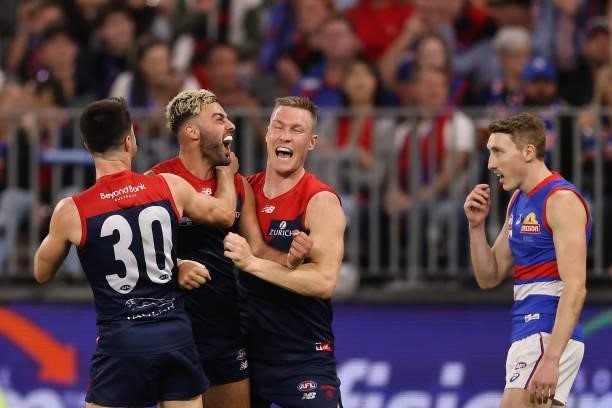 Christian Salem of the Demons celebrates a goal during the 2021 AFL Grand Final match between the Melbourne Demons and the Western Bulldogs at Optus...