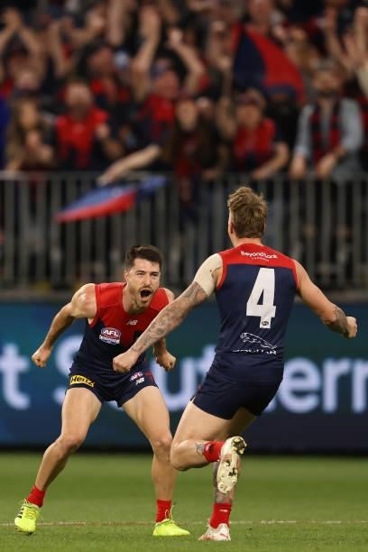 Alex Neal-Bullen of the Demons celebrates a goal during the 2021 AFL Grand Final match between the Melbourne Demons and the Western Bulldogs at Optus...