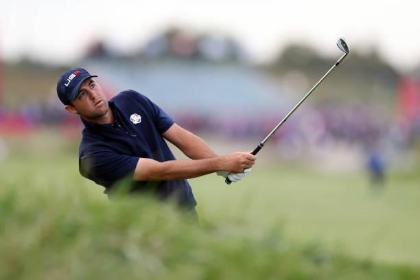 Scottie Scheffler of team United States plays a shot during Saturday Afternoon Fourball Matches of the 43rd Ryder Cup at Whistling Straits on...