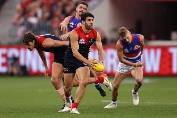 Christian Petracca of the Demons in action during the 2021 AFL Grand Final match between the Melbourne Demons and the Western Bulldogs at Optus...