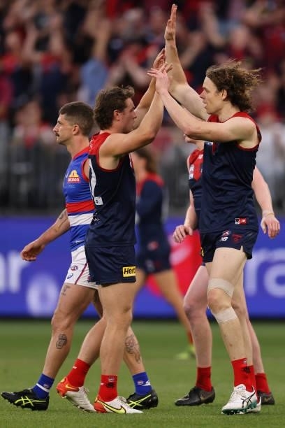 Ben Brown of the Demons celebrates a goal during the 2021 AFL Grand Final match between the Melbourne Demons and the Western Bulldogs at Optus...
