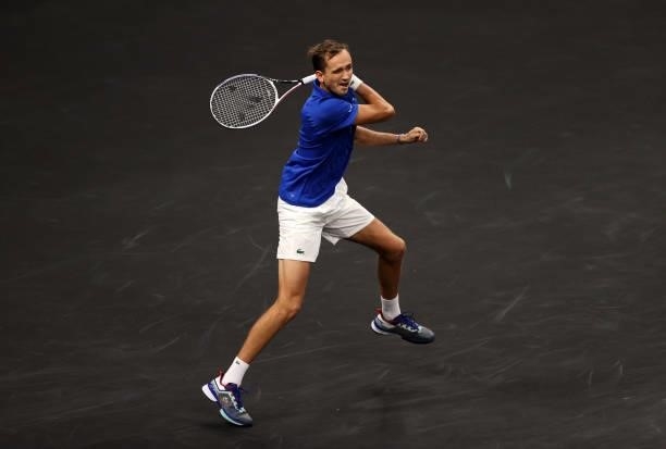 Daniil Medvedev of Team Europe plays a shot against Denis Shapovalov of Team World during the seventh match during Day 2 of the 2021 Laver Cup at TD...
