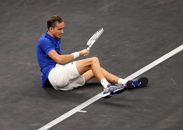 Daniil Medvedev of Team Europe reacts to a shot against Denis Shapovalov of Team World during the seventh match during Day 2 of the 2021 Laver Cup at...