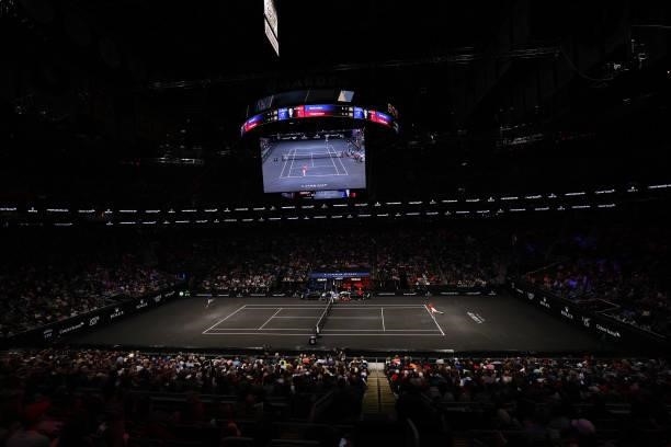 Denis Shapovalov of Team World serves a shot against Daniil Medvedev of Team Europe during the seventh match during Day 2 of the 2021 Laver Cup at TD...