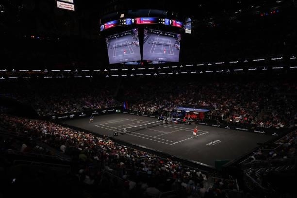 Denis Shapovalov of Team World serves a shot against Daniil Medvedev of Team Europe during the seventh match during Day 2 of the 2021 Laver Cup at TD...