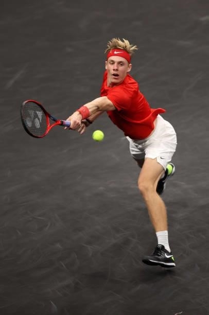 Denis Shapovalov of Team World plays a shot against Daniil Medvedev of Team Europe during the seventh match during Day 2 of the 2021 Laver Cup at TD...