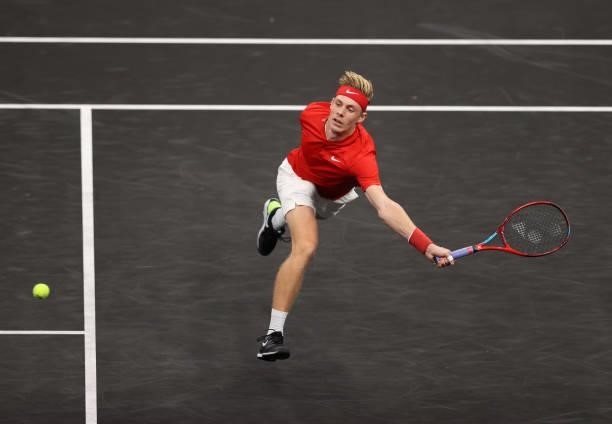 Denis Shapovalov of Team World plays a shot against Daniil Medvedev of Team Europe during the seventh match during Day 2 of the 2021 Laver Cup at TD...
