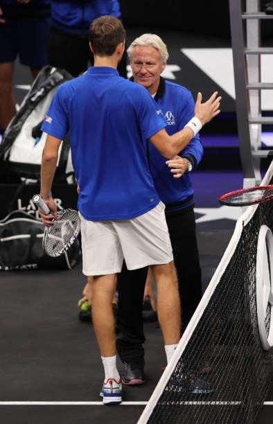 Daniil Medvedev of Team Europe sis congratulated by Team Europe Captain Björn Borg after his match against Denis Shapovalov of Team World during the...
