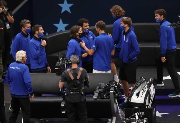 Daniil Medvedev of Team Europe sis congratulated by Team Europe after his match against Denis Shapovalov of Team World during the seventh match...