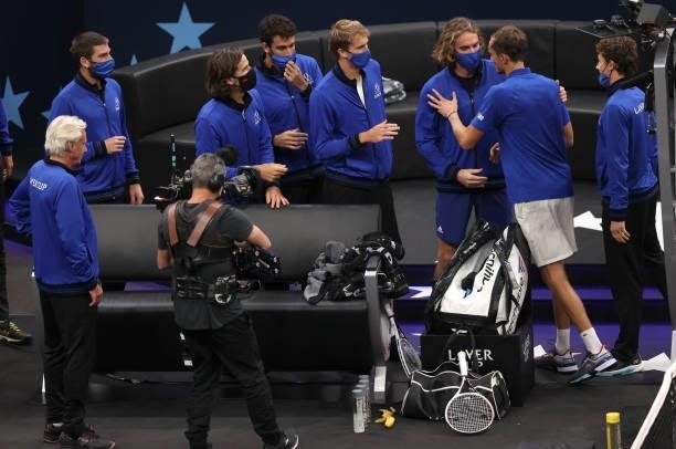 Daniil Medvedev of Team Europe sis congratulated by Team Europe after his match against Denis Shapovalov of Team World during the seventh match...