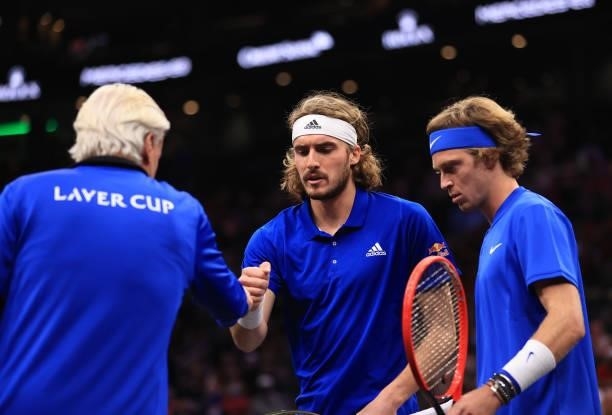 Andrey Rublev and Stefanos Tsitsipas of Team Europe shakes hands with Team Europe Captain Björn Borg before their match against John Isner and Nick...