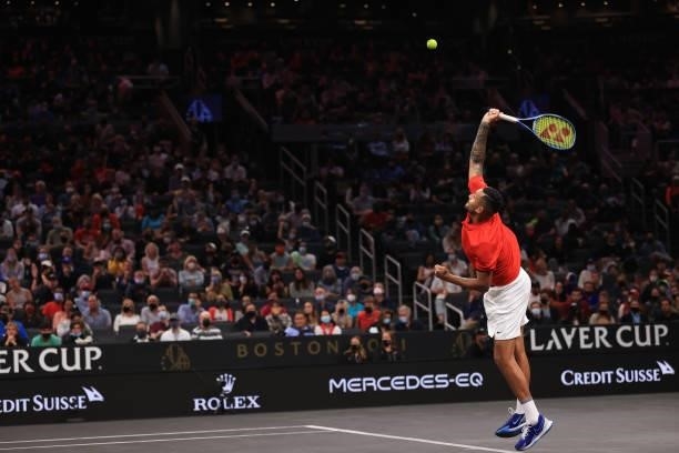 Nick Kyrgios of Team World serves a shot against Andrey Rublev and Stefanos Tsitsipas of Team Europe during the eighth matc during Day 2 of the 2021...