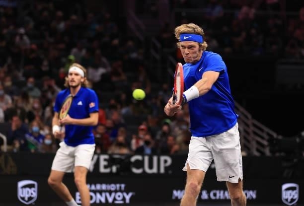 Andrey Rublev and Stefanos Tsitsipas of Team Europe play a shot against John Isner and Nick Kyrgios of Team World during the eighth match during Day...