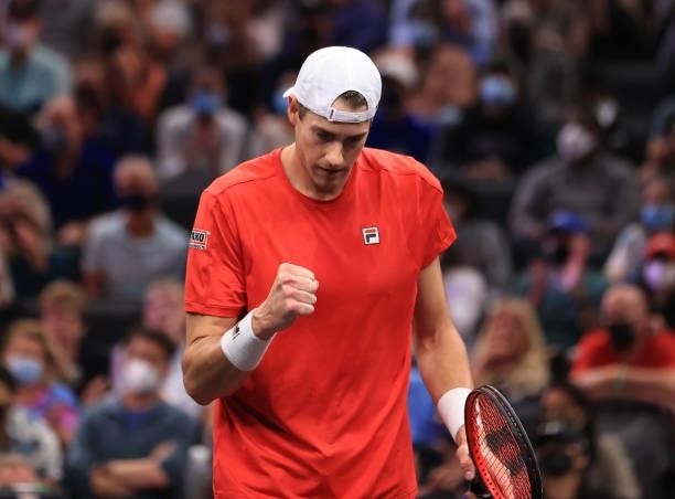John Isner of Team World reacts to a shot against Andrey Rublev and Stefanos Tsitsipas of Team Europe during the eighth matc during Day 2 of the 2021...