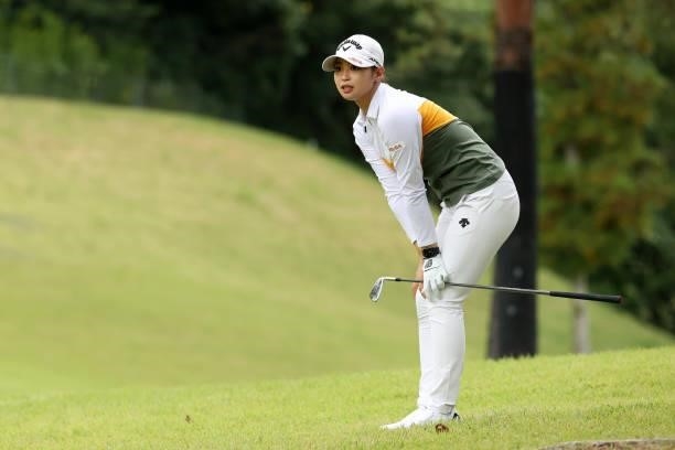 Asuka Kashiwabara of Japan reacts after her second shot on the 5th hole during the final round of the Miyagi TV Cup Dunlop Ladies Open at Rifu Golf...