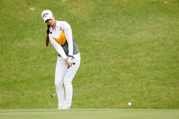 Asuka Kashiwabara of Japan chips onto the 5th green during the final round of the Miyagi TV Cup Dunlop Ladies Open at Rifu Golf Club on September 26,...