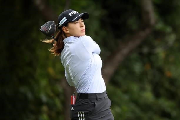 Hinako Shibuno of Japan hits her tee shot on the 6th hole during the final round of the Miyagi TV Cup Dunlop Ladies Open at Rifu Golf Club on...