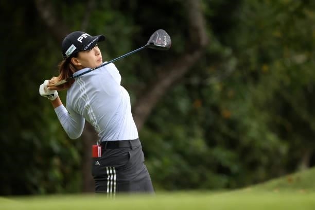 Hinako Shibuno of Japan hits her tee shot on the 6th hole during the final round of the Miyagi TV Cup Dunlop Ladies Open at Rifu Golf Club on...