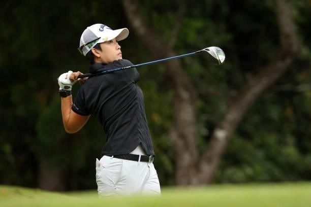 Hee-kyung Bae of South Korea hits her tee shot on the 6th hole during the final round of the Miyagi TV Cup Dunlop Ladies Open at Rifu Golf Club on...