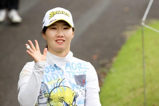 Asuka IShikawa of Japan waves on the 6th hole during the final round of the Miyagi TV Cup Dunlop Ladies Open at Rifu Golf Club on September 26, 2021...