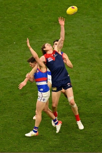 Ben Brown of the Demons contests the ball during the 2021 AFL Grand Final match between the Melbourne Demons and the Western Bulldogs at Optus...